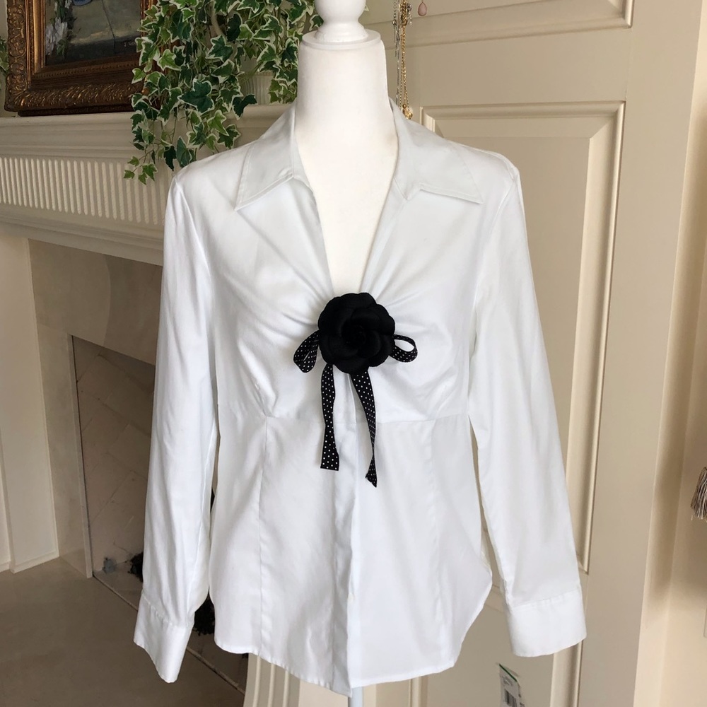 Jones New York Signature White Long Sleeve Shirt With Ribbon Neck Tie Si…